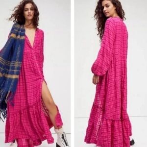 Free People Maxi Dress S Long Sleeve Button Front Boho Resort Fuchsia Pink Edie